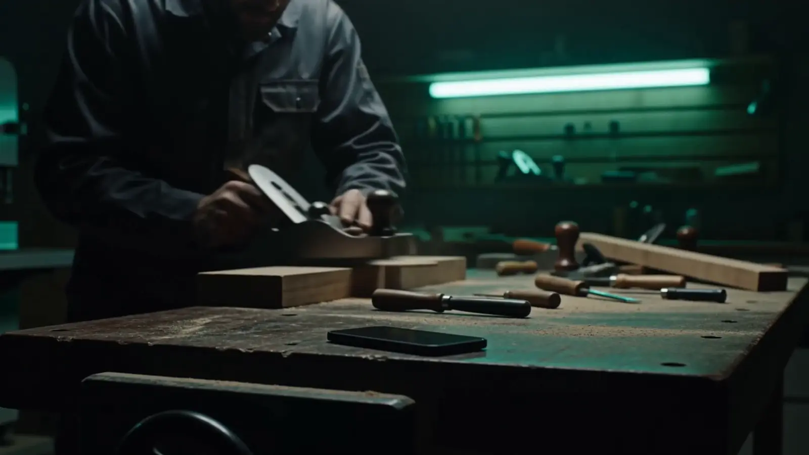 Telefon na pracovním stole řemeslníka, ze kterého se line zelená zvuková vlna.